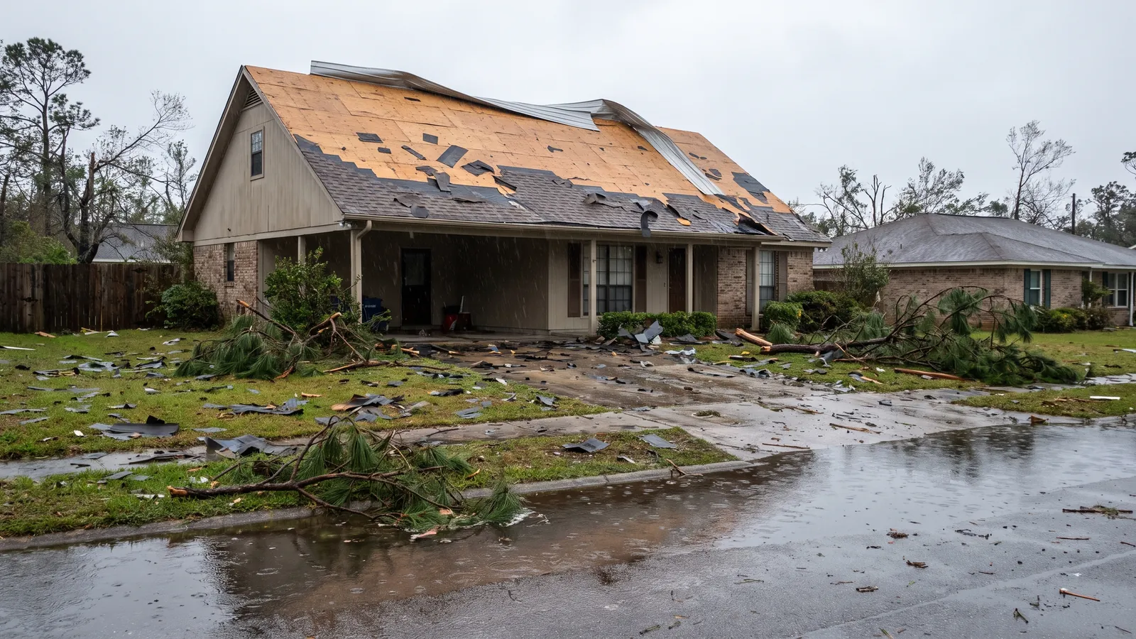Shingles stripped from a roof slope and a lifted ridge on a Mobile home the morning after a hurricane