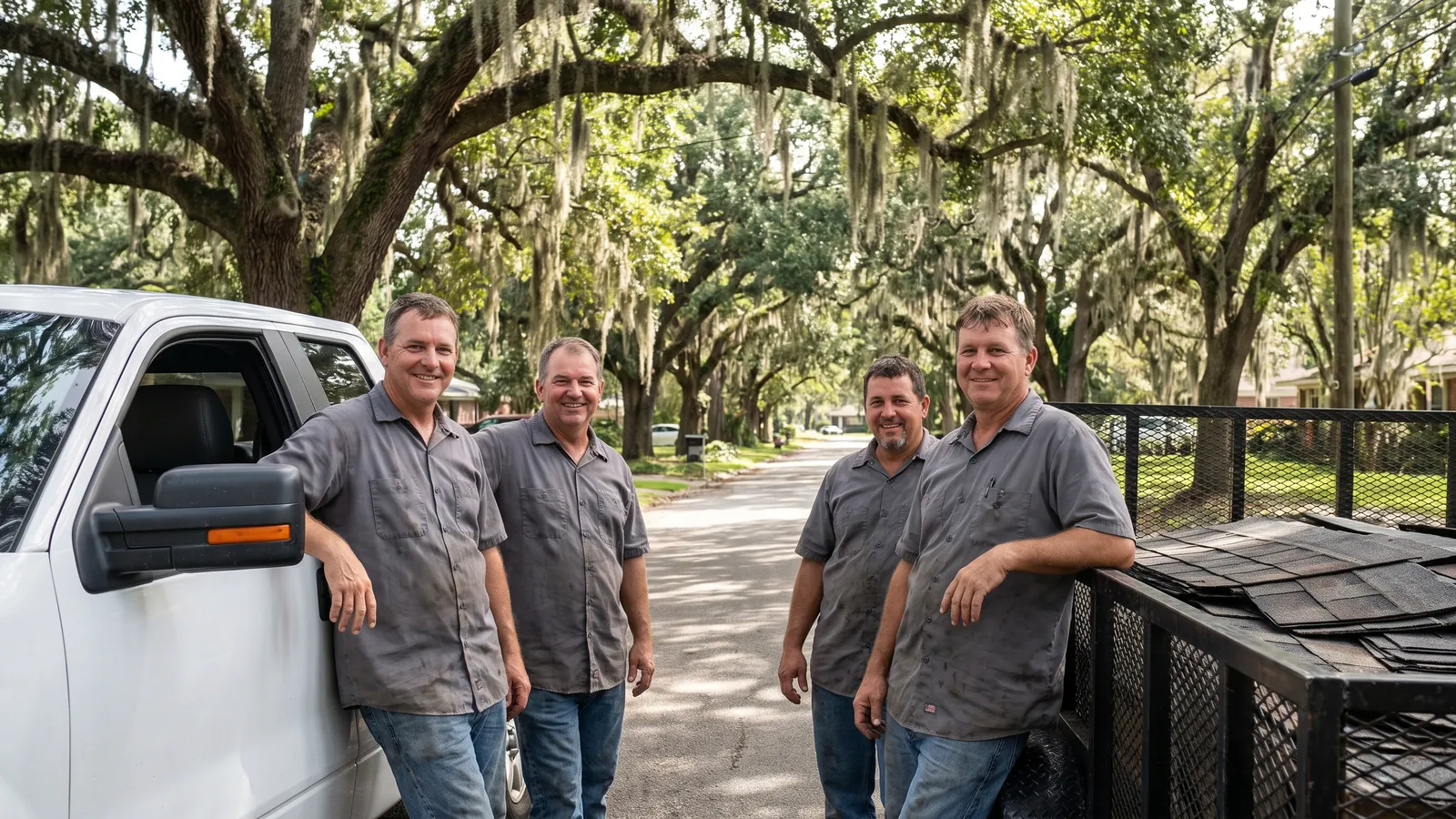 The Mobile Roof Works crew beside their truck and shingle trailer under live oaks on a Mobile street