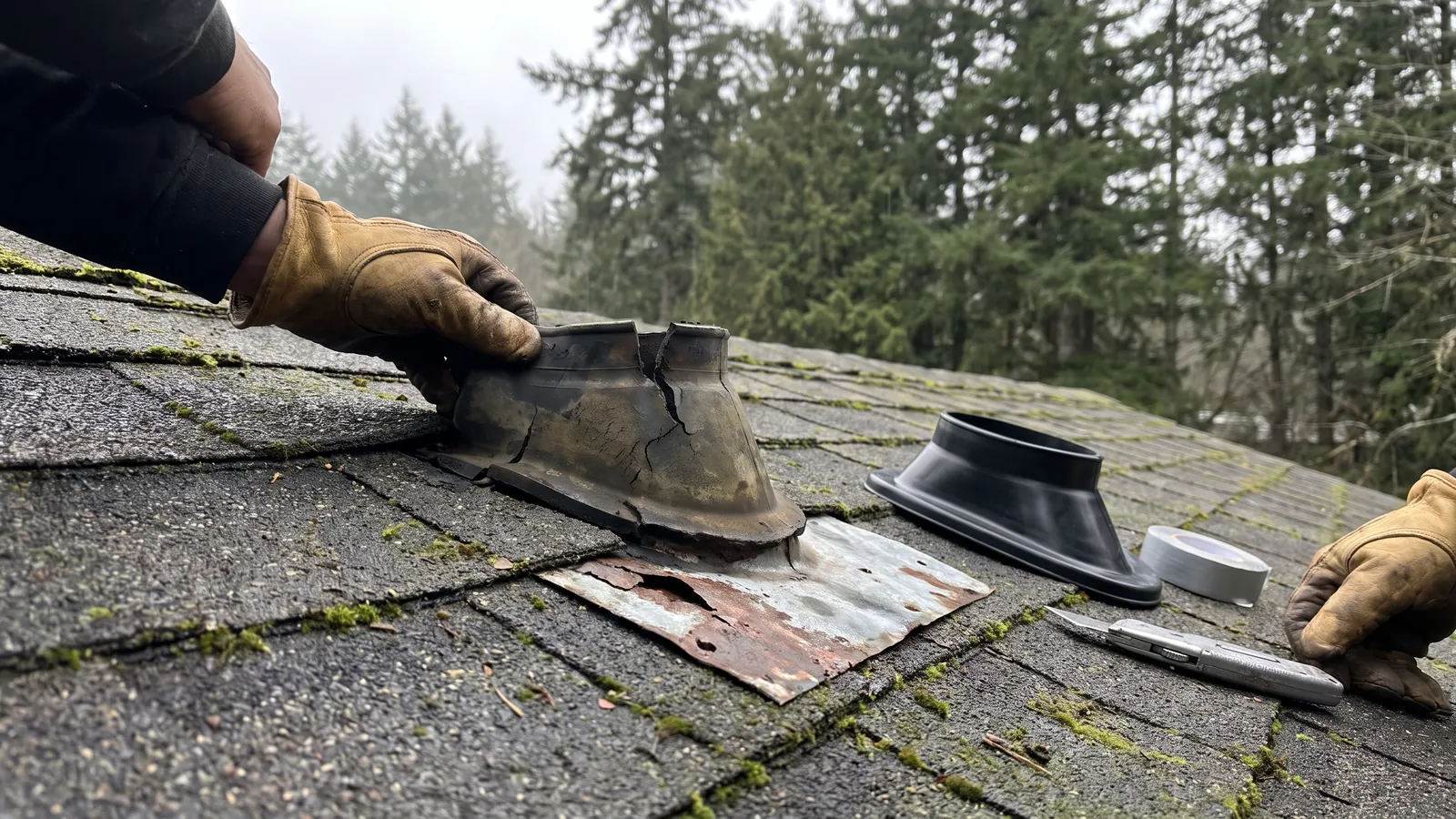 Roofer replacing a cracked pipe boot and flashing on an algae-streaked asphalt shingle roof on the Alabama Gulf Coast