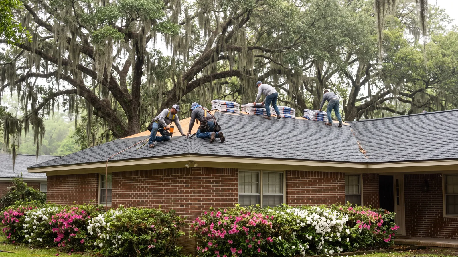 Roofing crew laying new charcoal architectural shingles on a brick ranch house in Mobile, Alabama with Spanish-moss-draped live oaks behind